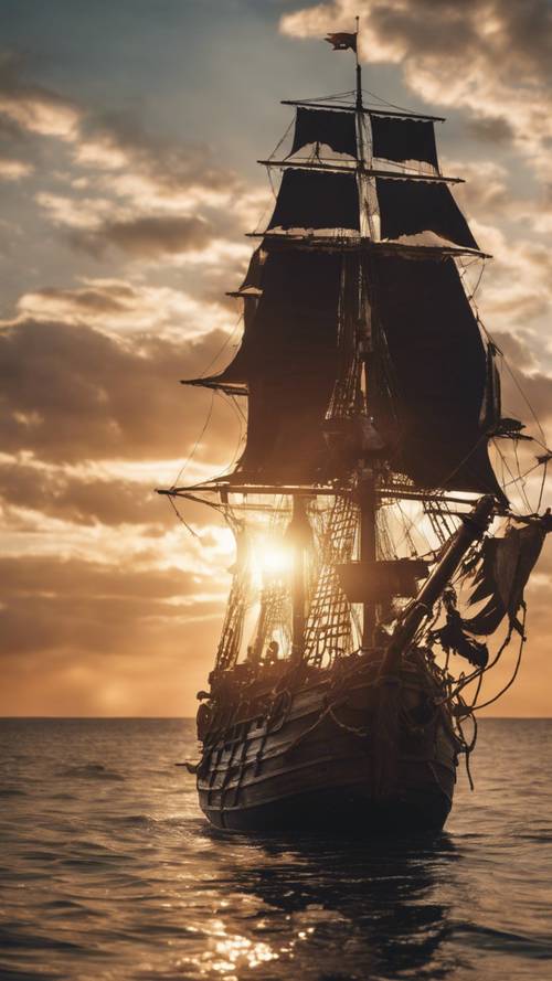 A pirate ship sailing in the golden light of sunset with a black flag raised high.