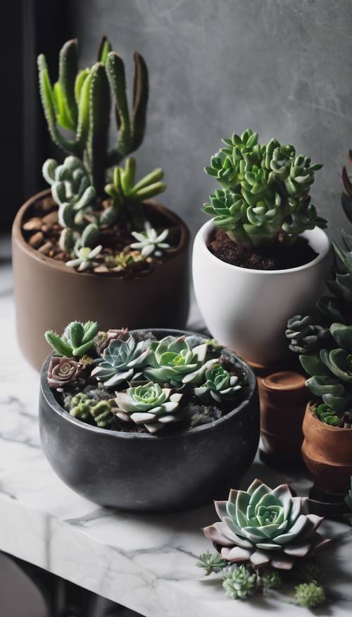 A pot of succulents sitting on a dark marble surface with minimalistic white decor. Tapeta [8ab41073c9d64b099254]
