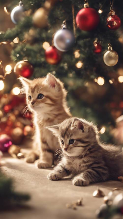 Noel süsleriyle oynayan bir grup sevimli kedi yavrusunu gösteren bir anime resmi.