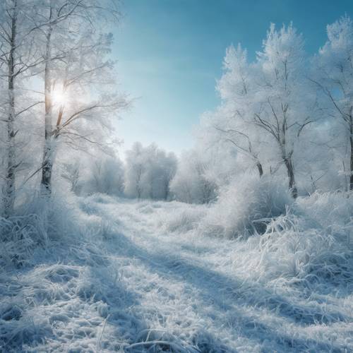 Un sereno paesaggio invernale caratterizzato da una vasta foresta blu ricoperta di brina scintillante sotto un cielo azzurro pallido.