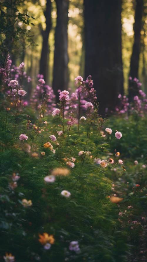 Ein dunkelgrüner Wald mit Blumen in voller bunter Blüte.
