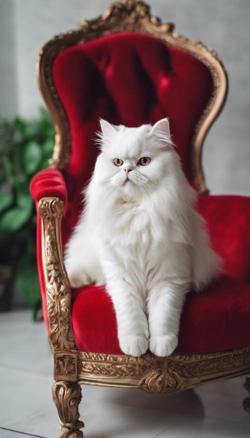 一隻純白色的波斯貓威嚴地躺在充滿活力的紅色天鵝絨扶手椅上。