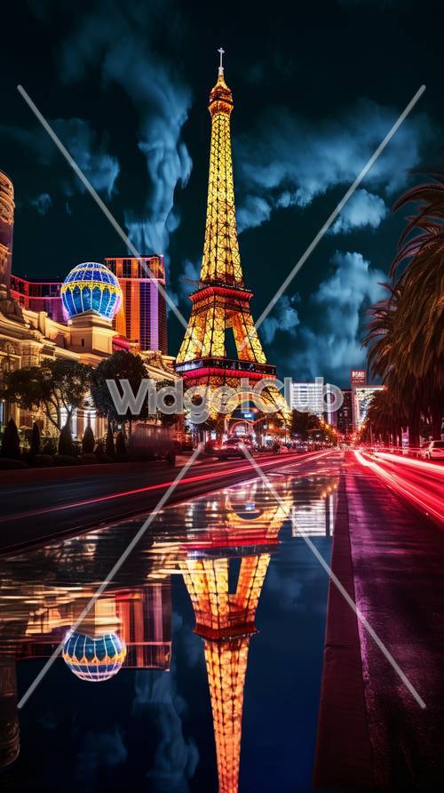 Helle Lichter und der Eiffelturm in einer regnerischen Nacht in Las Vegas