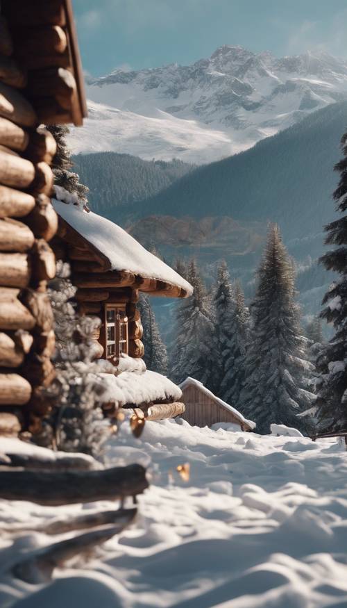 Una escena alpina de una cadena montañosa cubierta de nieve con una cabaña de troncos decorada para Navidad y humo saliendo de la chimenea.