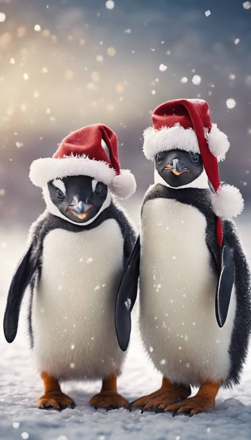 An adorable group of penguins wearing Santa hats and carrying little Christmas gifts on a snowy landscape.