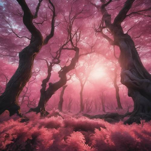 Um pôr do sol rosa etéreo sobre uma floresta antiga e mística repleta de criaturas mágicas.