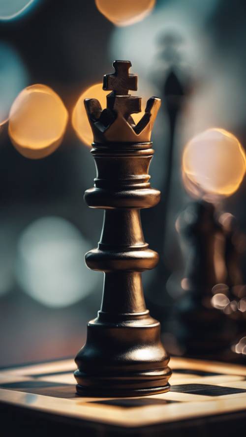 Un pezzo degli scacchi della regina nera regale in un ambiente luminoso drammatico.