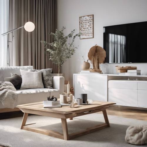 Стильная скандинавская гостиная с белой мебелью и акцентами из натурального дерева.