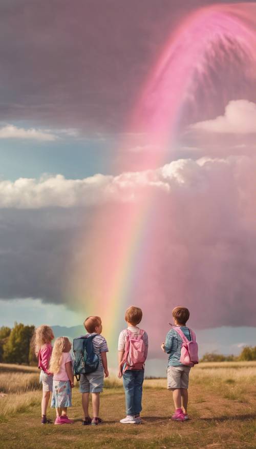 A group of children in awe, pointing towards a giant pink rainbow.
