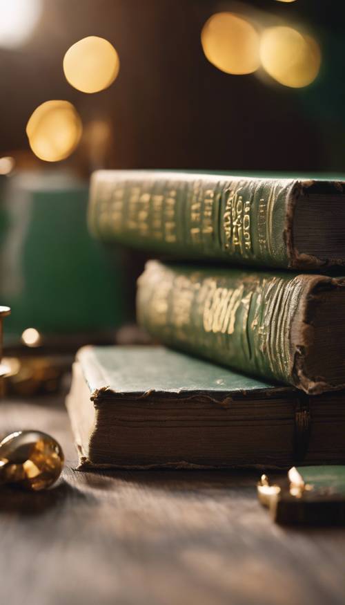 一本绿色封面、金色字体的旧书，摊开在一张木桌上。