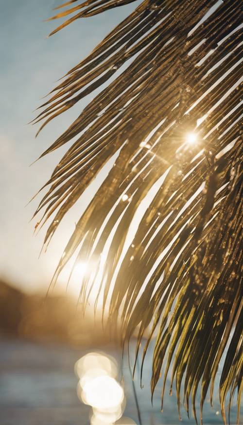 A close-up view of a palm leaf that is sparkling with golden luster and backlit by the sun.