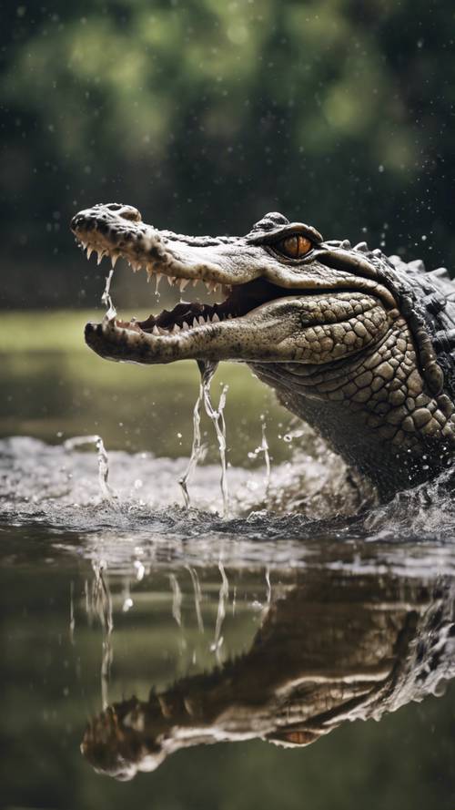 鳄鱼跃出水面捕捉猎物的战术镜头。
