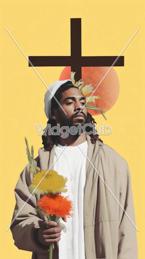 Bright Yellow Art with Elegant Man and Flowers