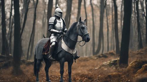 אביר אמיץ על סוס אפור אציל שלו עומד בקצה יער מרתיע ומסתורי.