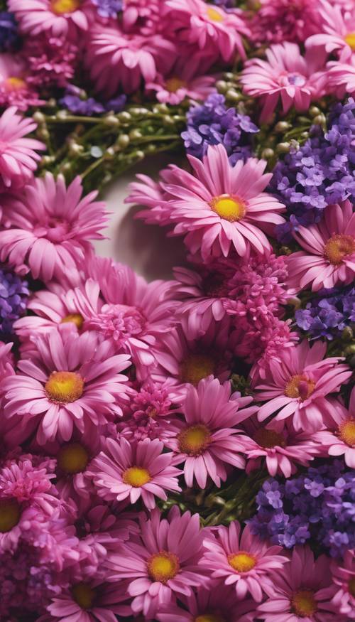 صورة مقربة لإكليل فصل الربيع مصنوع من زهور الأقحوان الوردية النابضة بالحياة وزهور البنفسج الأرجوانية الصغيرة.