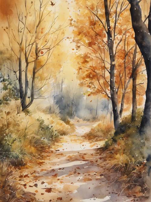A watercolour painting of a quiet autumn scene on a thick piece of watercolour paper. Tapet [1d7c706533c847c8aab2]