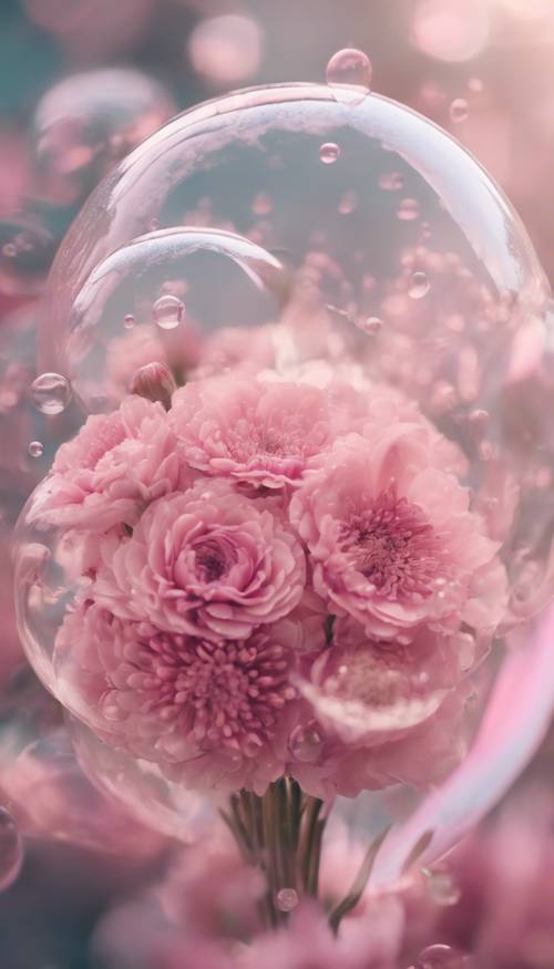 Ein skurriles Bild eines Straußes rosa Blumen, der sich in Seifenblasen verwandelt.