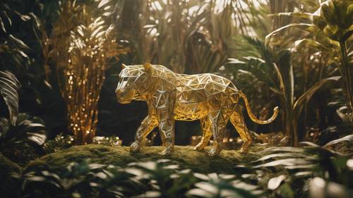 Uma selva geométrica dourada com animais geométricos andando por dentro.