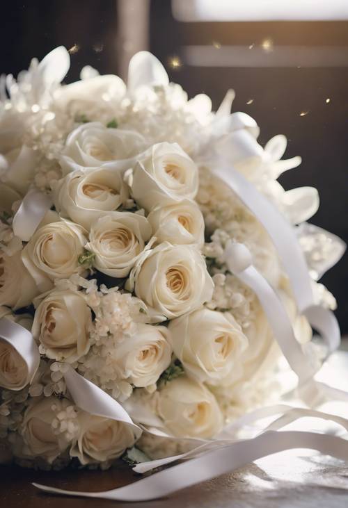 Um buquê de noiva feito de flores creme sonhadoras acentuadas com fitas brancas cintilantes.