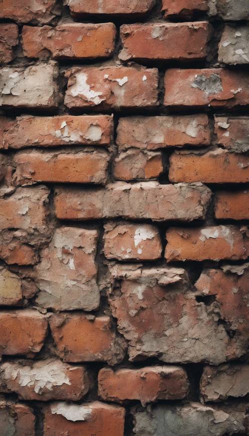 Gros plan d&#39;un mur de briques vintage avec des taches de peinture patinée qui s&#39;écaillent.