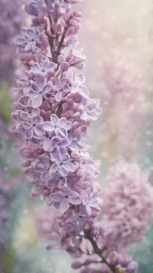 Uma aquarela sutil de flores lilás em tons pastel.
