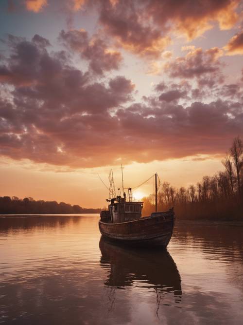 一艘古老的漁船停泊在河裡，在夕陽的照耀下。