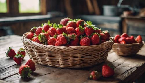 Un panier rempli de fraises mûres et colorées sur une table rustique en bois dans une cuisine de campagne