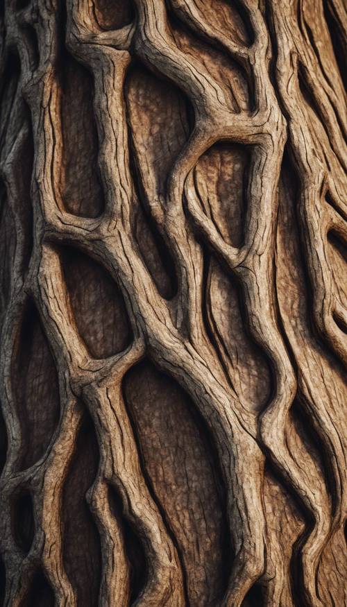 A close up of an ancient brown oak tree with detailed texture on its bark.