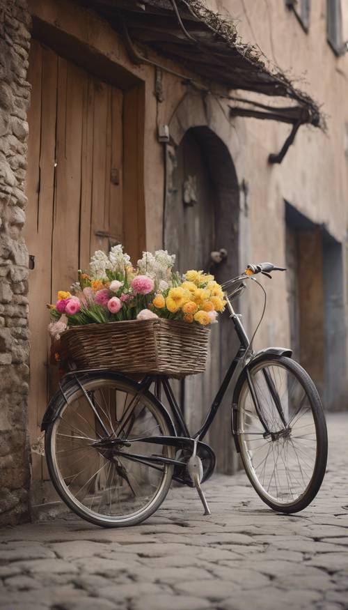 A simplistic view of a spring market, a lone bicycle laden with fresh flowers standing against a rustic wall.