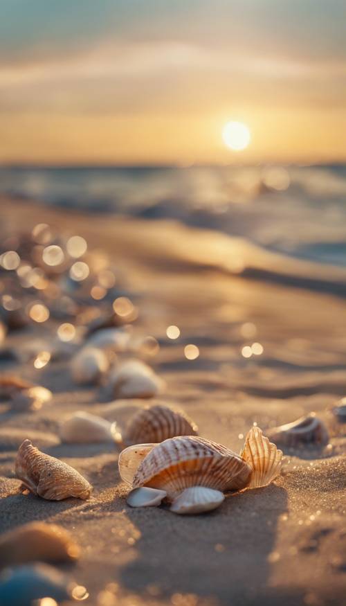 A calm and peaceful beach in the evening, the setting sun casting a warm glow on the seashells on the shore.
