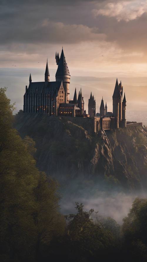 Un&#39;adorata vista immaginaria dello skyline del castello di Hogwarts durante un crepuscolo nebbioso.