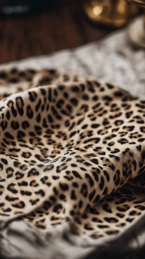 A fabric swatch draped over a table showcasing a unique cheetah print.