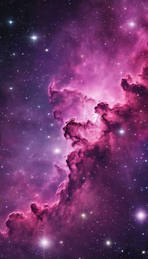 선명한 분홍색과 보라색 성운이 특징인 별이 빛나는 은하입니다.
