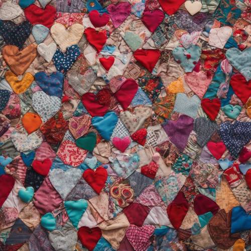 A heart-shaped patchwork fabric made from leftover bits and pieces of boho-inspired clothing. Tapet [9e945a77b21b4eb6862b]