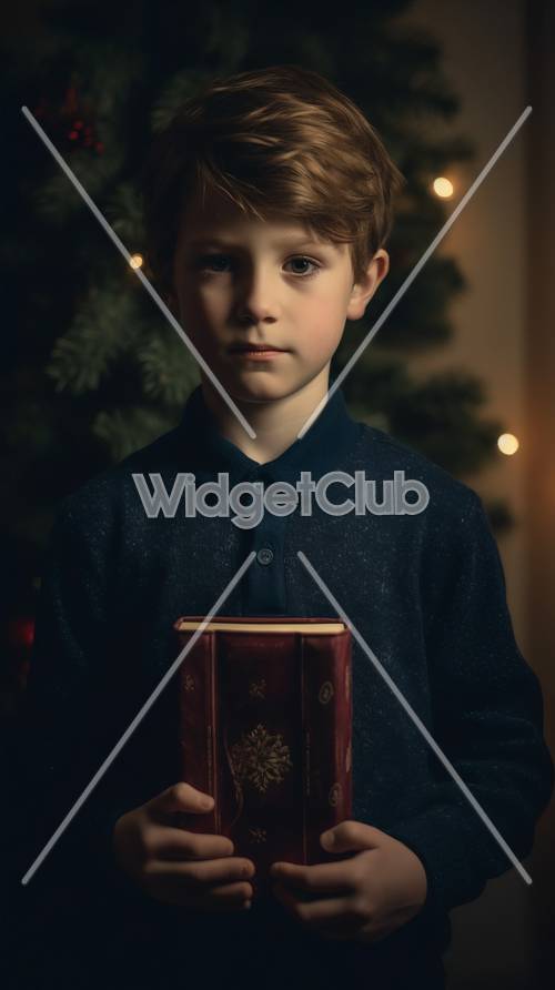 Junge mit einem Buch vor dem Weihnachtsbaum-Hintergrund