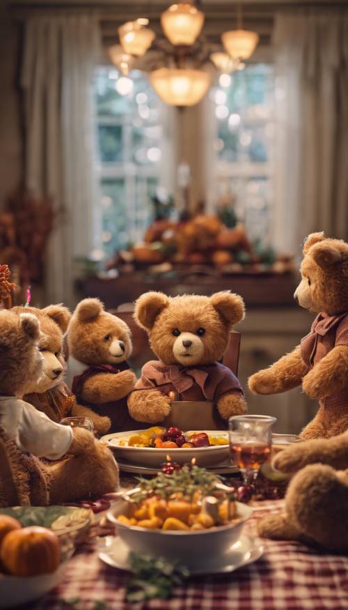 A family of teddy bears having Thanksgiving dinner in an old-fashioned nursery.