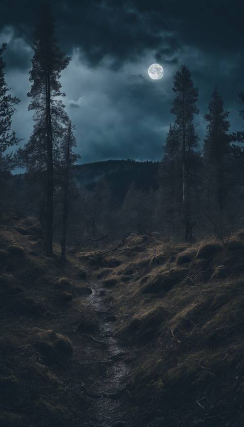 A gothic blue-black forest on a stormy night with a full moon peeking behind the dark clouds.