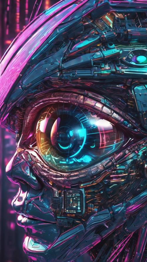 A close-up of cybernetic eye with multiple holographic displays pulsating from it.