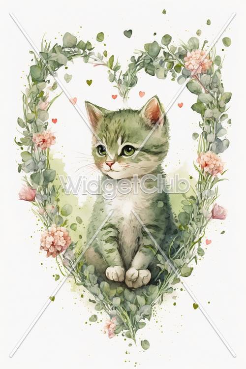 Çiçeklerle çevrili sevimli yeşil gözlü kedi yavrusu