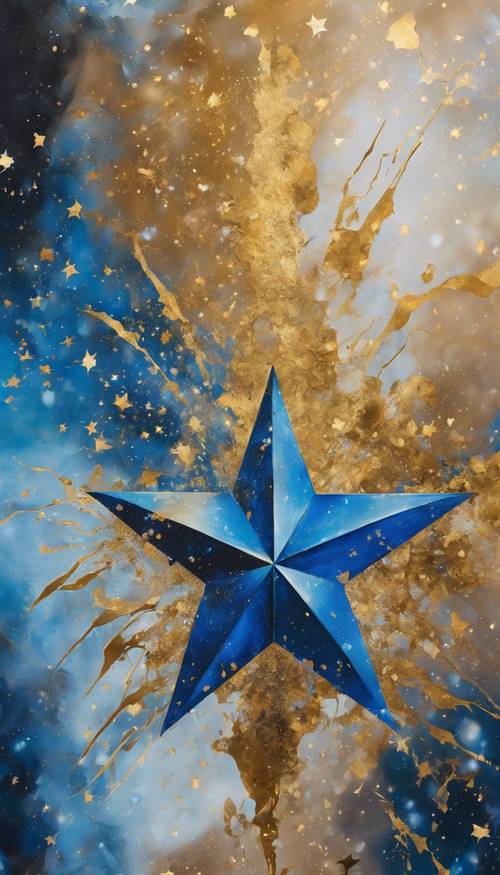 Uma pintura abstrata de uma estrela cósmica azul e dourada.