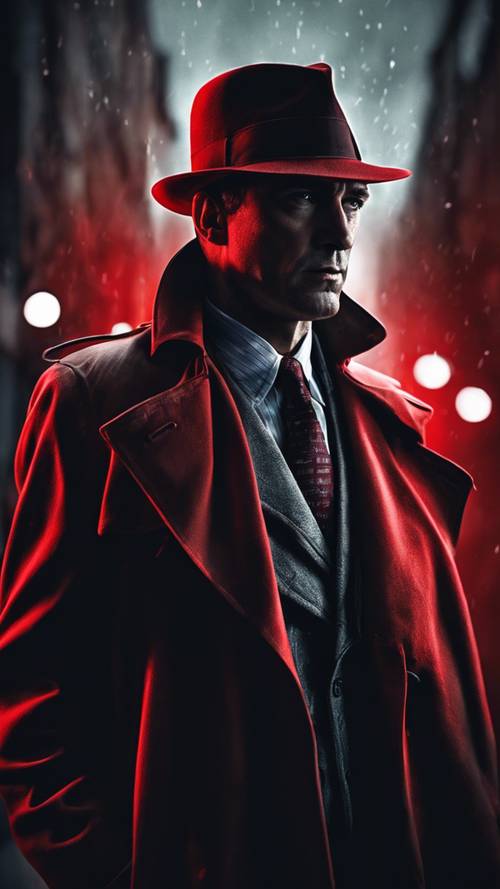 Một tấm áp phích phim cổ điển có hình ảnh một thám tử tư trong phim noir được bao phủ trong bóng tối, chiếc áo khoác dài và chiếc mũ phớt có đường viền màu đỏ.