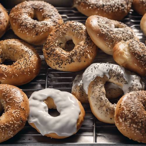 Freshly made bagels on a baking tray straight out of the oven, steam rising up.