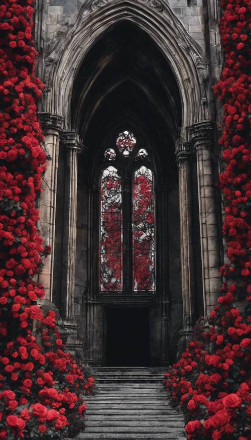 A dark gothic cathedral adorned with climbing roses in startling shades of red and black.