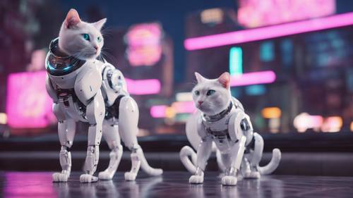 Una scena futuristica in cui gatti bianchi dall&#39;aspetto robotico, con dettagli al neon, vagano per una città ipermoderna sotto un cielo illuminato al neon.