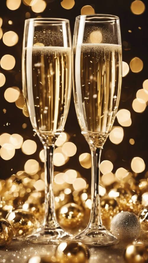 在閃閃發光的新年倒數背景下，優雅的香檳杯舉杯慶祝。