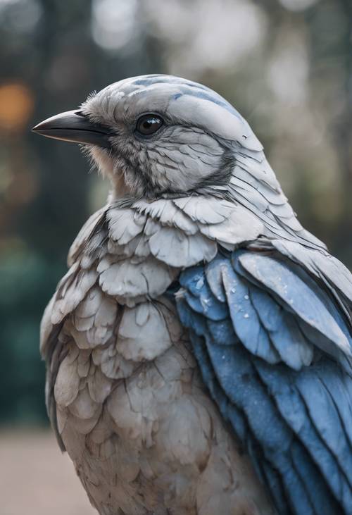 A detailed portrait of a wrinkled and wise blue and white bird with an aura of age and experience.