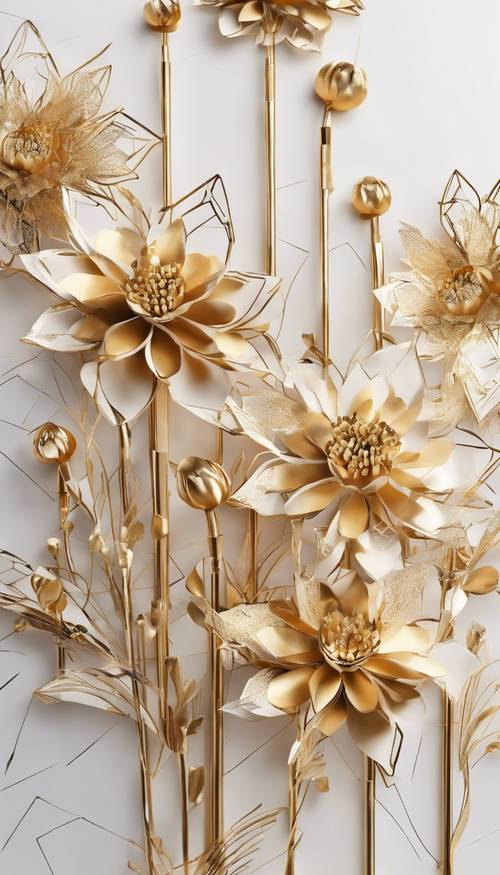 פרחים זהובים מעוטרים בדוגמאות גיאומטריות בסגנון ארט דקו, משתרעים על רקע לבן.