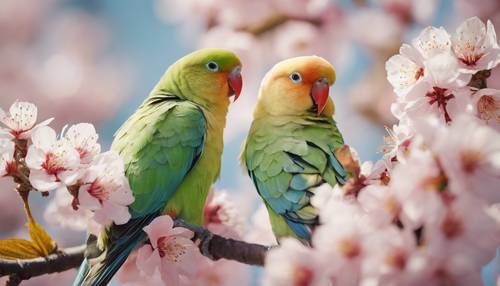 Dua burung parkit lovebird berbagi momen manis di dahan bunga sakura yang sedang mekar.