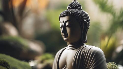 Eine ruhige Buddha-Statue inmitten eines heiteren Zen-Gartens flüstert: „Frieden kommt von innen, suche ihn nicht im Außen.“