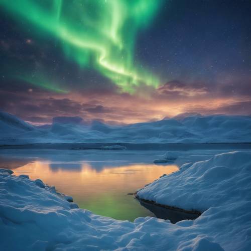 北极光变幻的色彩下的蓝色平原，描绘出一幅空灵的景象。